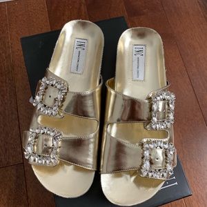 INC women gold buckle sandals